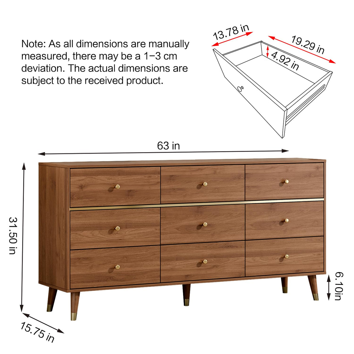 Chrangmay 9 Drawer Dresser,63" Wide Mid Century Modern Chest of Drawers,Wooden Bedroom Drawer Dresser with 9 Storage Drawers for Bedroom, Living Room,with Anti-Tipping Device,Walnut Chrangmay