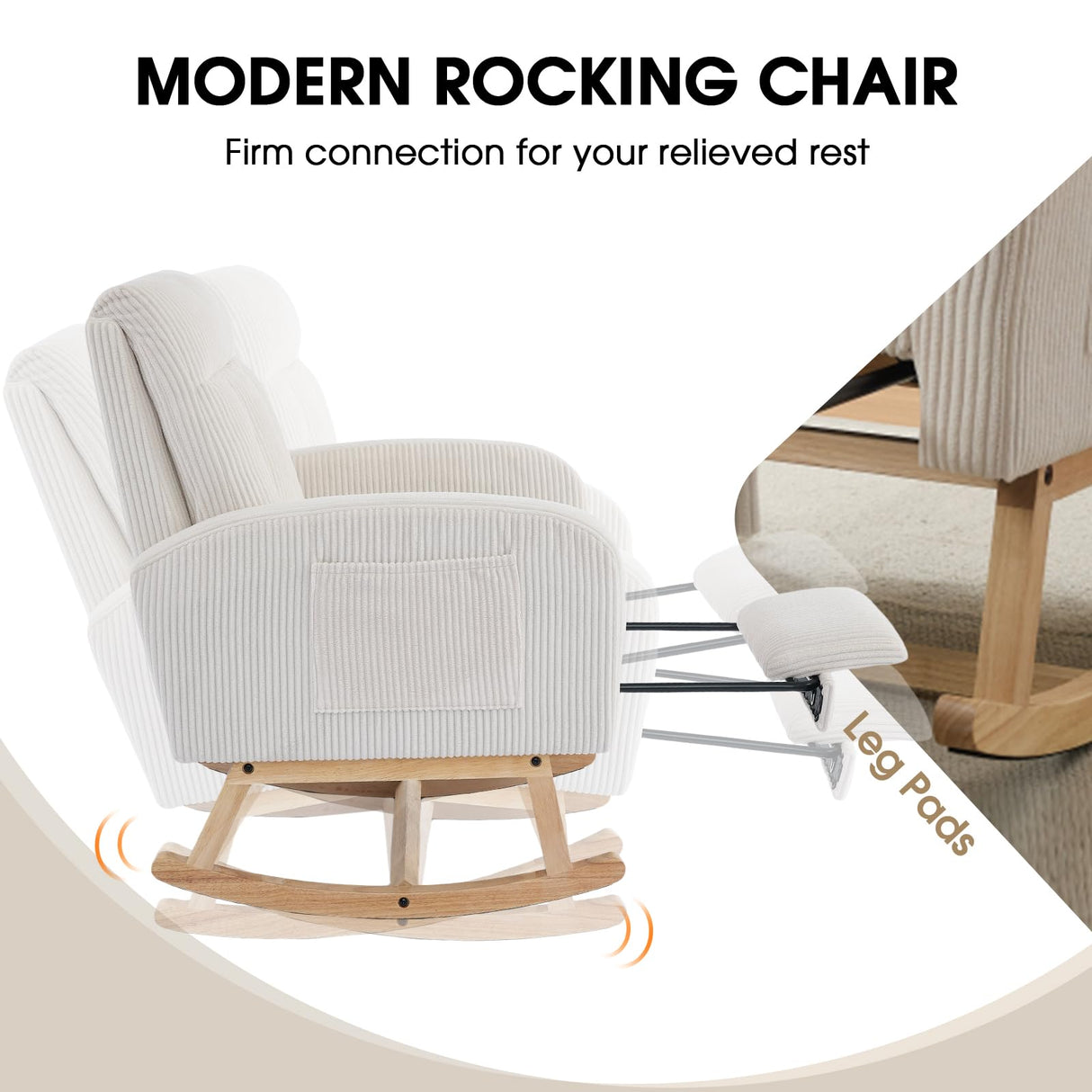 NIOIIKIT Nursery Rocking Chair, Corduroy Upholstered Rocking Chair with Adjustable Footrest, Tufted Rocker Chair with Side Pocket, Glider Rocker for Living Room, Bedroom (Cream Casual) NIOIIKIT