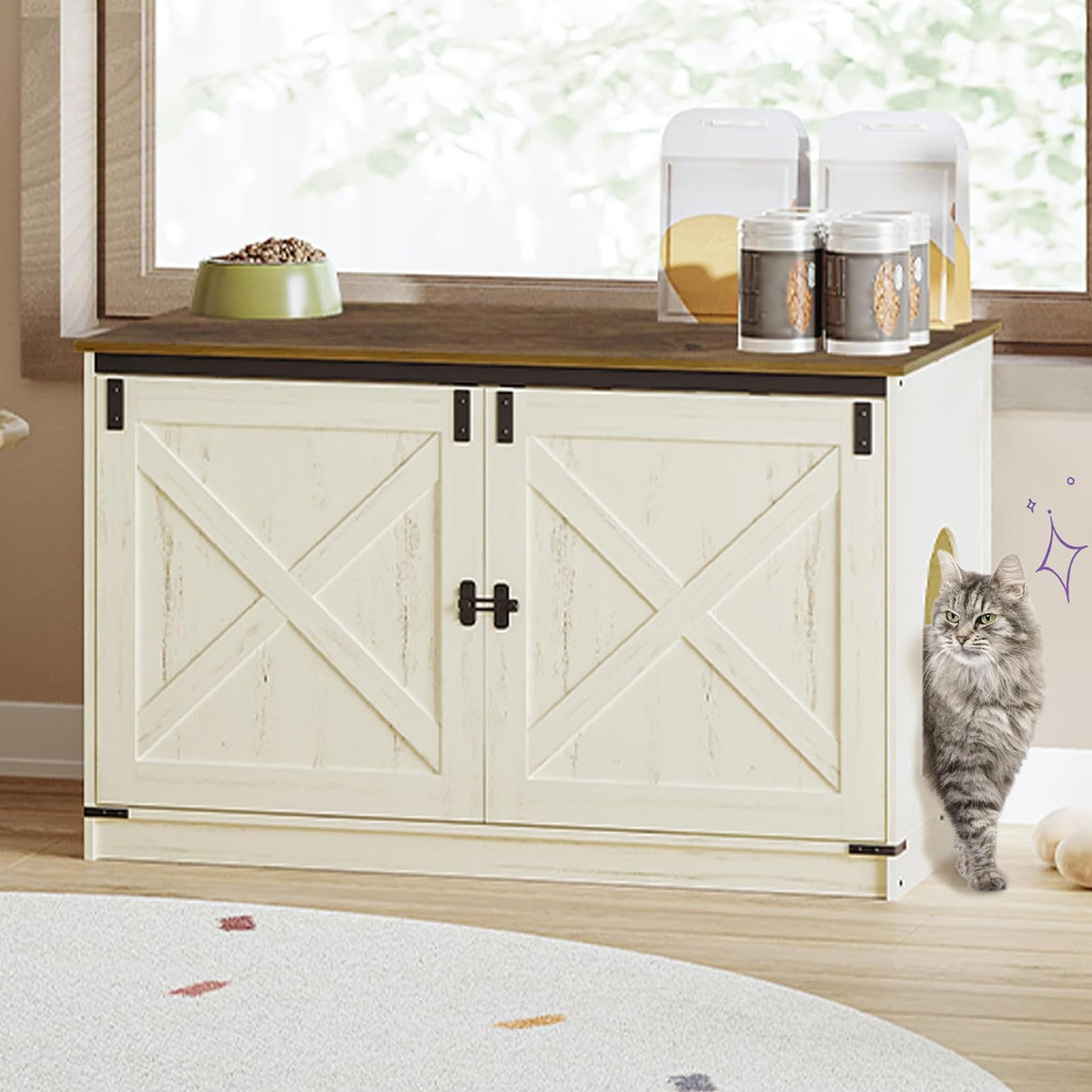 Hzuaneri Cat Litter Box Enclosure with Cushion, Hidden Litter Box Furniture with Removable Dividers, Reversible Entrance Left or Right Side,Cat House, Rustic White and Brown CB84714X Hzuaneri