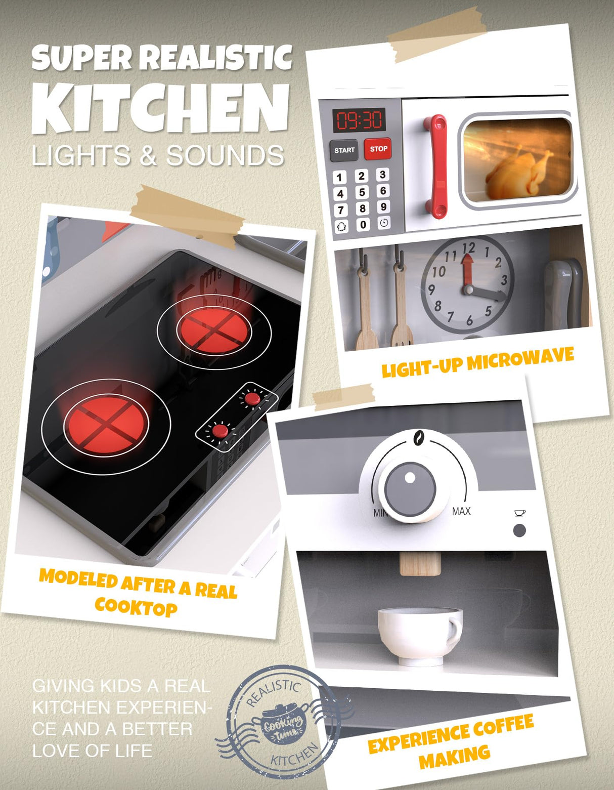 JOYOOSS Kids Play Kitchen Playset, Wooden Play Kitchen Kids Kitchen Playset Toy Toddler Kitchen Playset with Real Lights & Sounds, Play kitchen for toddlers 1-3 and Play Kitchen Sets for Kids Ages 4-8 Joyooss