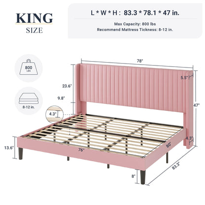 Allewie King Size Velvet Bed Frame/Vertical Channel Tufted Wingback Headboard/Upholstered Platform Bed/Strong Wooden Slats/No Box Spring Needed/Easy Assembly/Pink