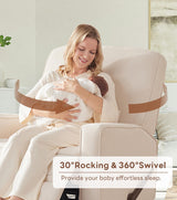 Tbfit 360° Swivel Recliner Chair, Nursery Rocking Chair with Lumbar Support for Bedroom, Comfy Upholstered Armchair with Pillows & Footrest for Living Room, Beige Tbfit