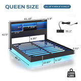 DICTAC Queen Floating Bed Frame with LED Lights and Headboard Storage, Visual Floating Bed with Charing Station, Queen Size Metal Platform Bed with Stable Structure, No Box Spring Need, Easy Assembly DICTAC