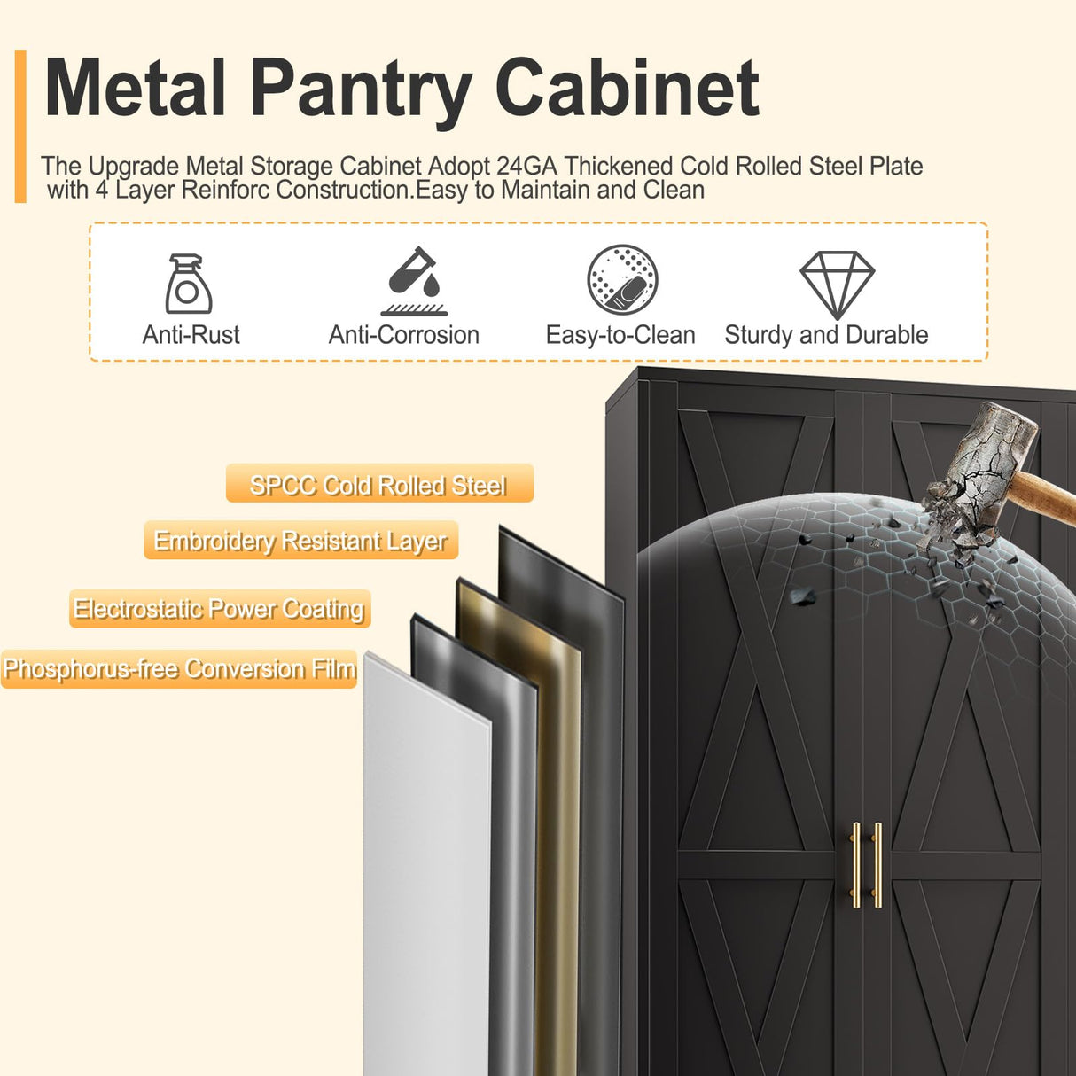 Lusiwry 61" H Metal Kitchen Pantry Storage Cabinet, Freestanding Cupboard with 2 Doors and 3 Adjustable Shelves, Standing Storage for Kitchen, Bathroom, Garage, Dinning Room or Utility Room（Black） Lusiwry