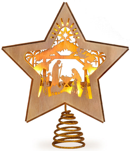 GHOSTMAGIC Nativity Christmas Tree Star Topper Lighted, 3D Wooden Nativity Scene Star for Christmas Tree, Nativity Set Christmas Tree Decorations, LED Xmas Decor Ornaments for Indoor (Nativity)