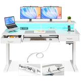 AODK Electric Standing Desk with Drawers & Keyboard Tray, 55 Inch Height Adjustable Gaming Desk with Power Outlets & LED Lights, Sit Stand Table with Monitor Stand for Home, Office, White AODK