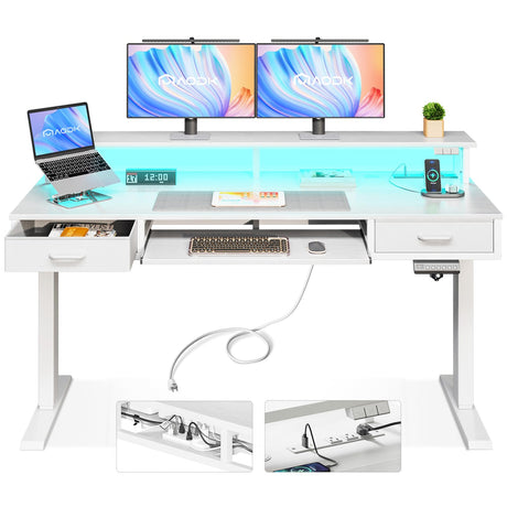 AODK Electric Standing Desk with Drawers & Keyboard Tray, 55 Inch Height Adjustable Gaming Desk with Power Outlets & LED Lights, Sit Stand Table with Monitor Stand for Home, Office, White AODK