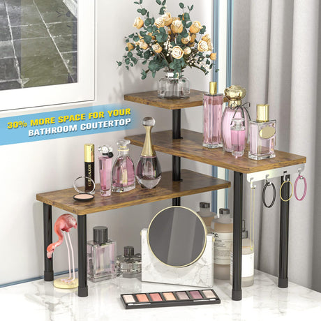 Countertop Organizer Organization, 3 Tier Moveable Corner Shelf for Kitchen , Bathroom , Spice Rack , Coffee Area, Over Sink, Dresser Table (Rustic Brown) JayRex