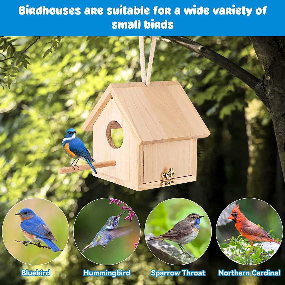 GINDOOR 2Pcs Bird Houses for Outside Clearance with Pole, Wood Birdhouse Blue Bird House Birdhouses for Outdoors Hanging Garden Patio Decorative for Swallow Sparrow Hummingbird Finch Throstle GINDOOR
