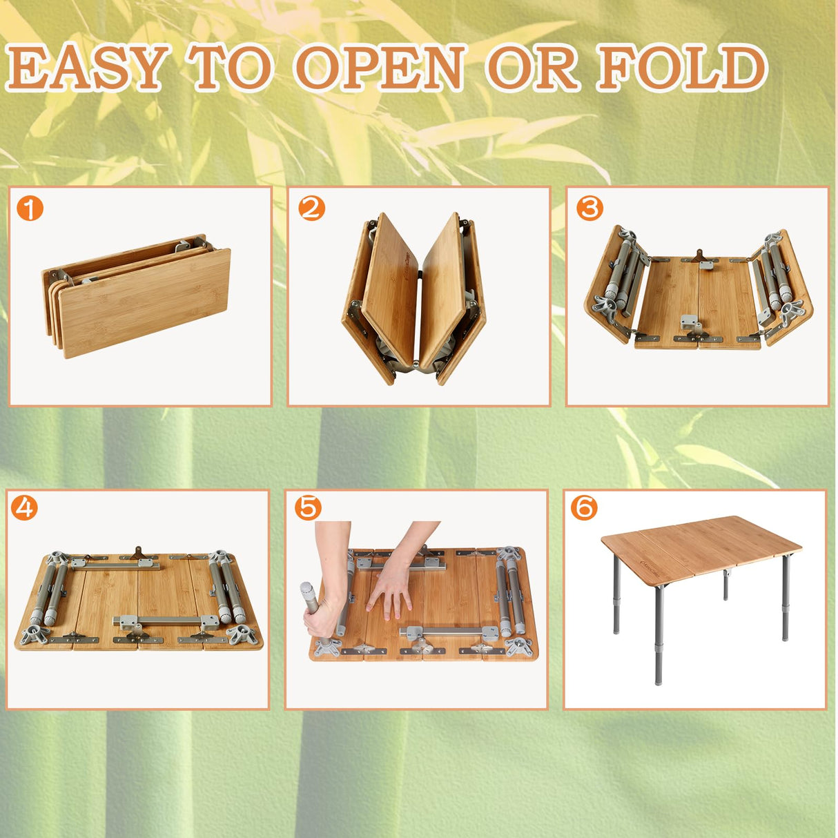 KingCamp Bamboo Folding Table Lightweight Camping Table with Adjustable Height Aluminum Legs 4-Fold Compact Small Portable Camp Tables for Travel RV Picnic Party Beach, 1-2 Person KingCamp