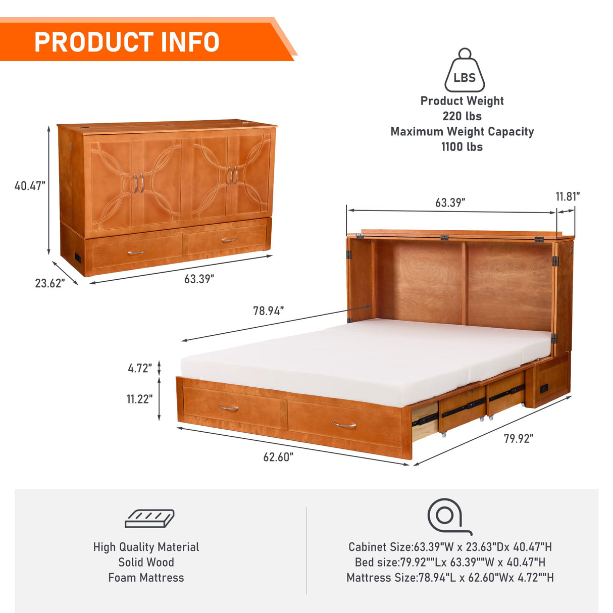 Murphy Bed with Mattress Included, Queen Murphy Cabinet Bed with Storage Drawers and Charging Station, Space-Saving Cabinet beds for Guest Room, Living Room, Poplar Wood BOVONO
