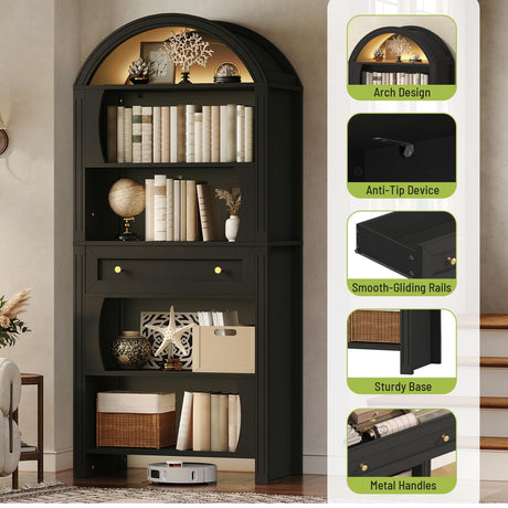 STHYTON 70.3" Tall Arched Bookshelf, 6-Tier Book Shelf with LED Lights, Farmhouse Arched Bookcase with Open Shelves and Drawer, Freestanding Display Rack, for Living Room, Study, Home Office, Black STHYTON