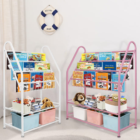 aboxoo Metal Kids Bookshelf Freestanding for Children Room 25 inches Toddler White Bookcase Toy Organizer Stable Bookcase Bookstore Library Book Unit Storage for Small Place aboxoo