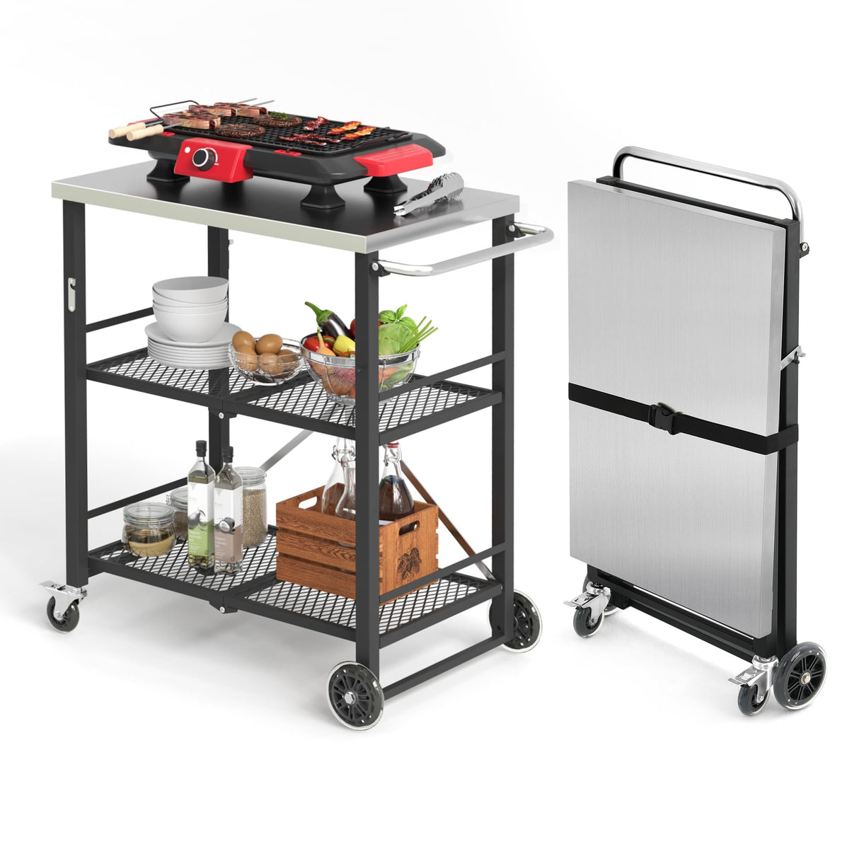 LUE BONA Foldable Outdoor Grill Cart with 2 Total Lock Casters, Stainless Steel Pizza Oven Stand, Rolling BBQ Table and 3 Shelf Folding Kitchen Island, Black LUE BONA