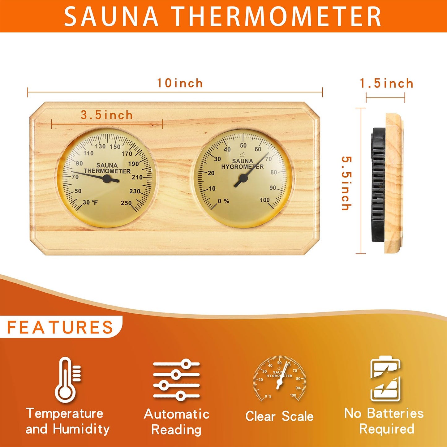 Foxyoo Sauna Thermometer Fahrenheit Hygrometer Gauge 2in1Indoor Home Sauna Thermostat,Sauna Accessories for Traditional Sauna,Barrel or Outside Infrared Sauna,Outdoor Sauna Room,Cedar Wood-Horizontal