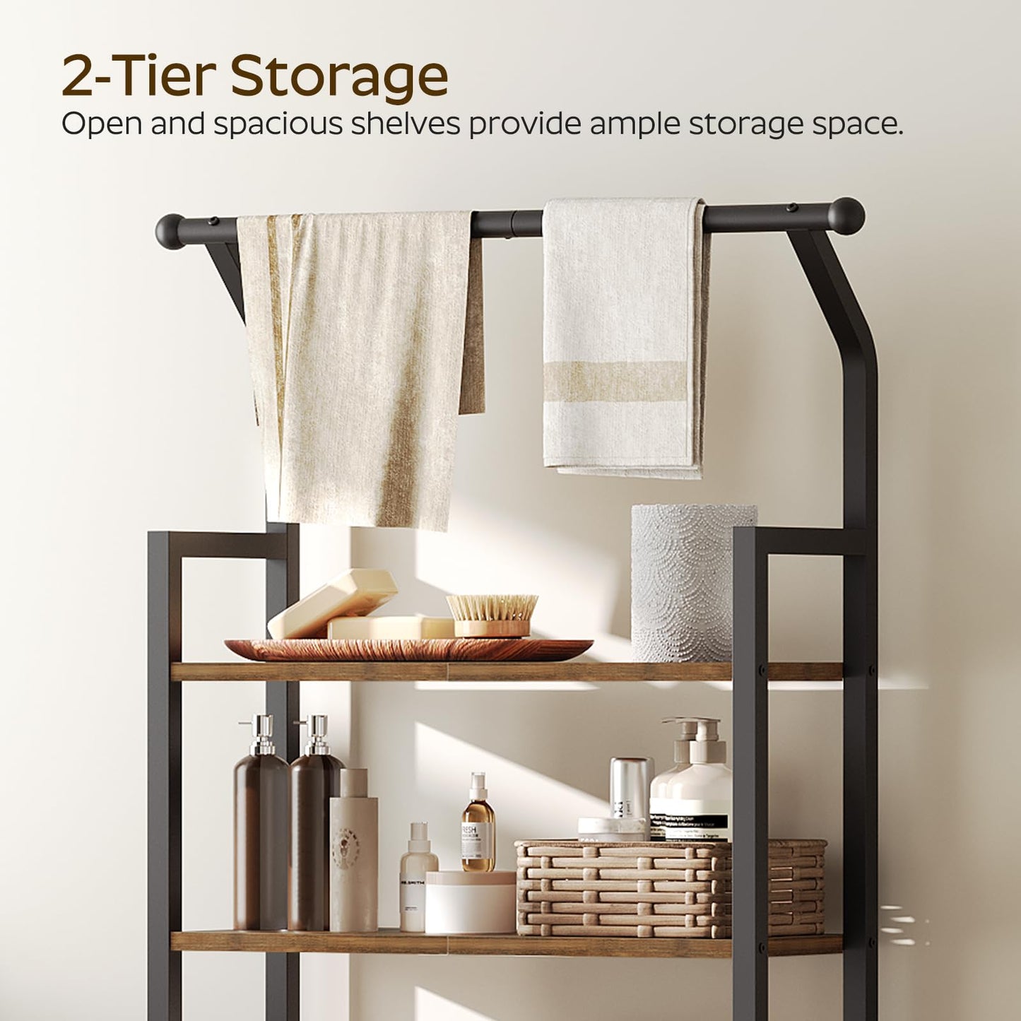 YATINEY Over The Toilet Storage, 2-Tier Bathroom Organizer Shelves with Hooks, Multifunctional Vertical The Toilet Shelf Storage Rack for Bathroom, Rustic Brown and Black TR01BR