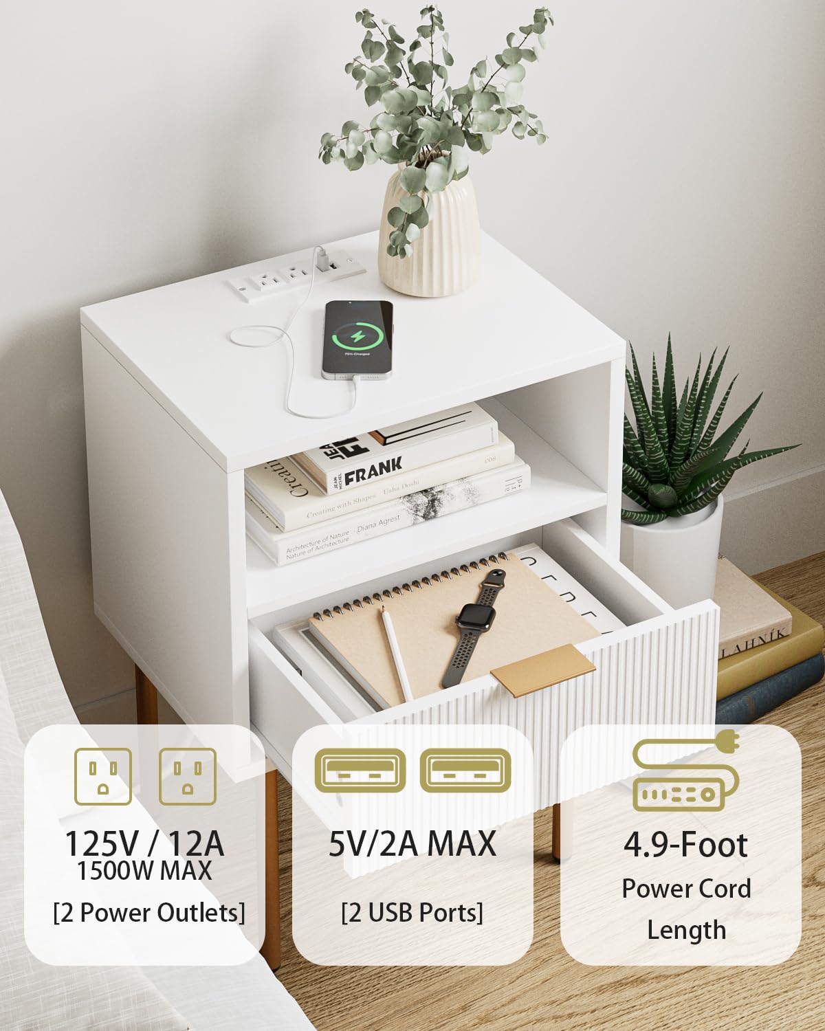 Masupu Nightstand with Charging Station,Mid-Century Modern Bedside Table with Storage Drawer and Open Wood Shelf,Small Gold Frame Side Table for Bedroom,Living Room (White) Masupu