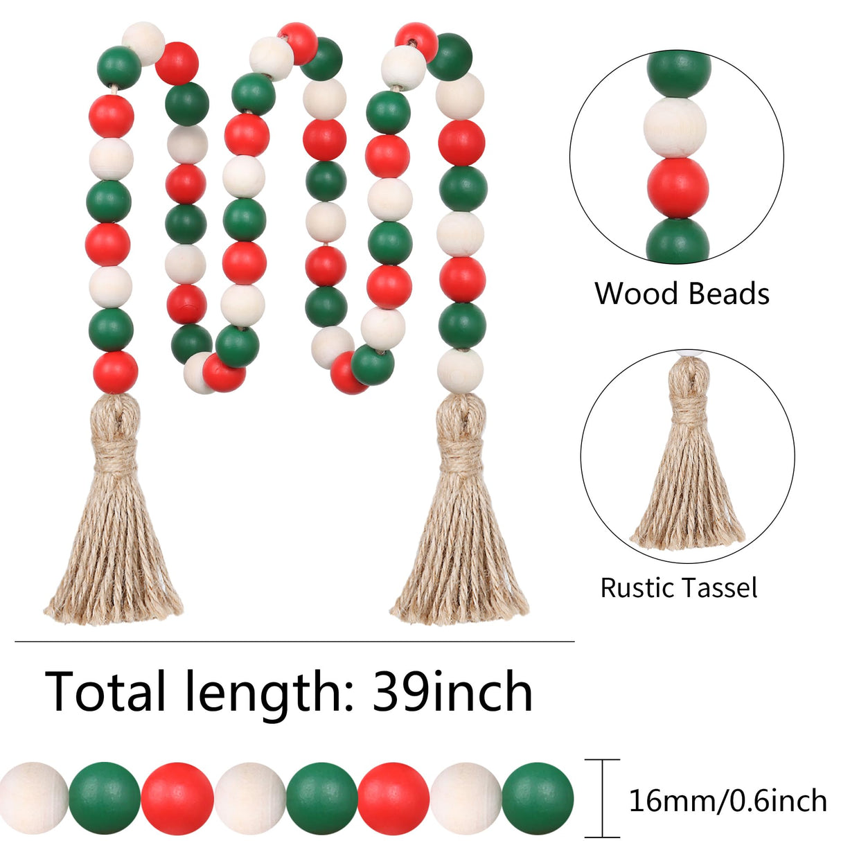 Christmas Wood Bead Garland,39in Farmhouse Beads with Tassels Christmas Tiered Tray Decor Wall Hanging Home Ornaments for Christmas Tree Decorations Meplait