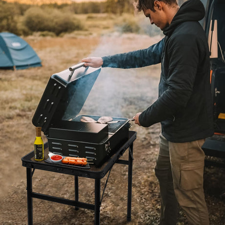Grovind Folding Grill Table Camping Table with Mesh Desktop, Lightweight & Portable Outdoor Picnic Table, Height Adjustable Portable Grill Table for Outside Inside Use Grovind