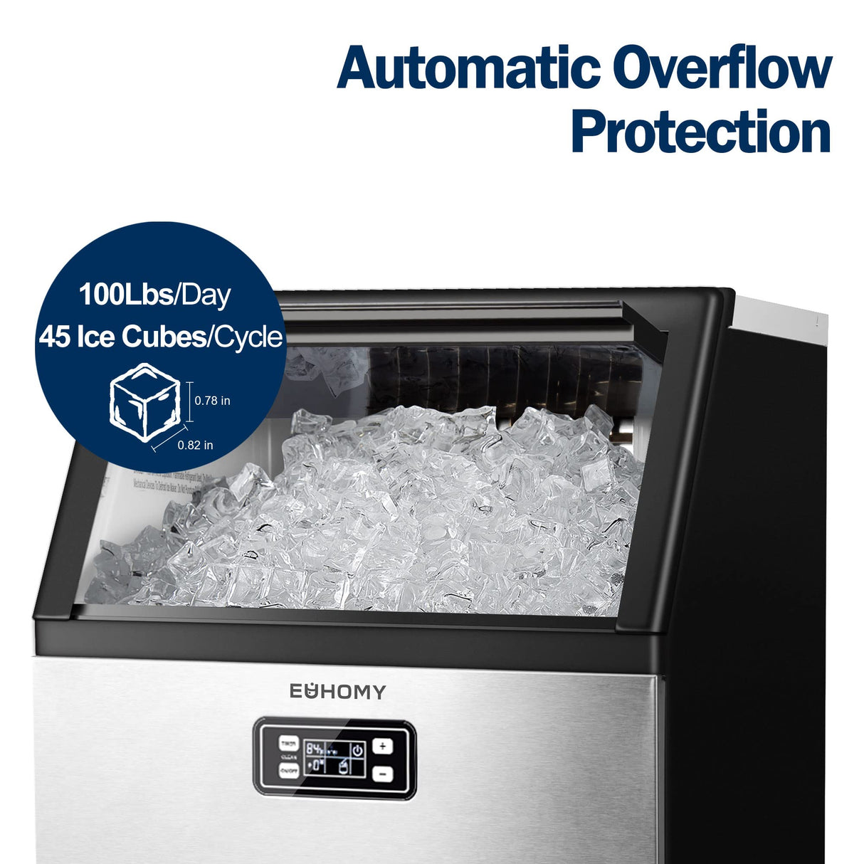 EUHOMY Commercial Ice Maker Machine, 100lbs/24H Stainless Steel Under Counter ice Machine with 33lbs Ice Storage Capacity, Freestanding Ice Maker. EUHOMY