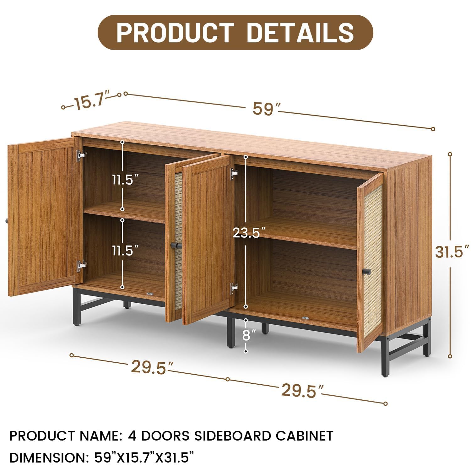 ZLWJGY Credenza Rattan Buffet Cabinet, Sideboard Storage Accent Cabinet with 4 Wicker Doors, Wide Modern Console Cabinet for Kitchen, Living Room and Dining Room, Walnut - WoodArtSupply