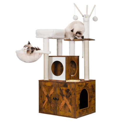 Heybly Cat tree, Wood Litter Box Enclosure with Food Station, All-in-one Indoor Cat Furniture with Large Platform and Condo, Modern Style Cat Tower, Hammock, Rustic Brown HCT102SR - WoodArtSupply