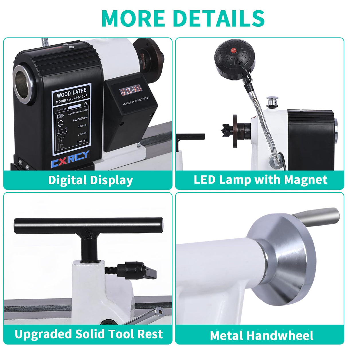CXRCY 12" x 18" Wood Lathe, Powerful Benchtop Wood Lathe Machine 3/4 HP Infinitely Variable Speed 650-3800 RPM with Lathe Belt & Goggle for Woodworking, Woodturning (Model:WL460-12VF) CXRCY