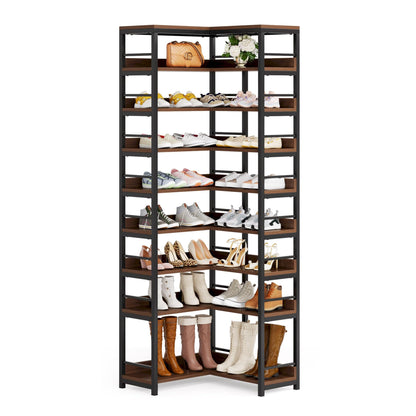 Tribesigns 9 Tiers Corner Shoe Rack, Tall Vertical Shoe Rack Organizer, Free Standing Large Shoe Storage Shelf for Entryway Hallway Closet, Space Saving, Rustic Brown - WoodArtSupply