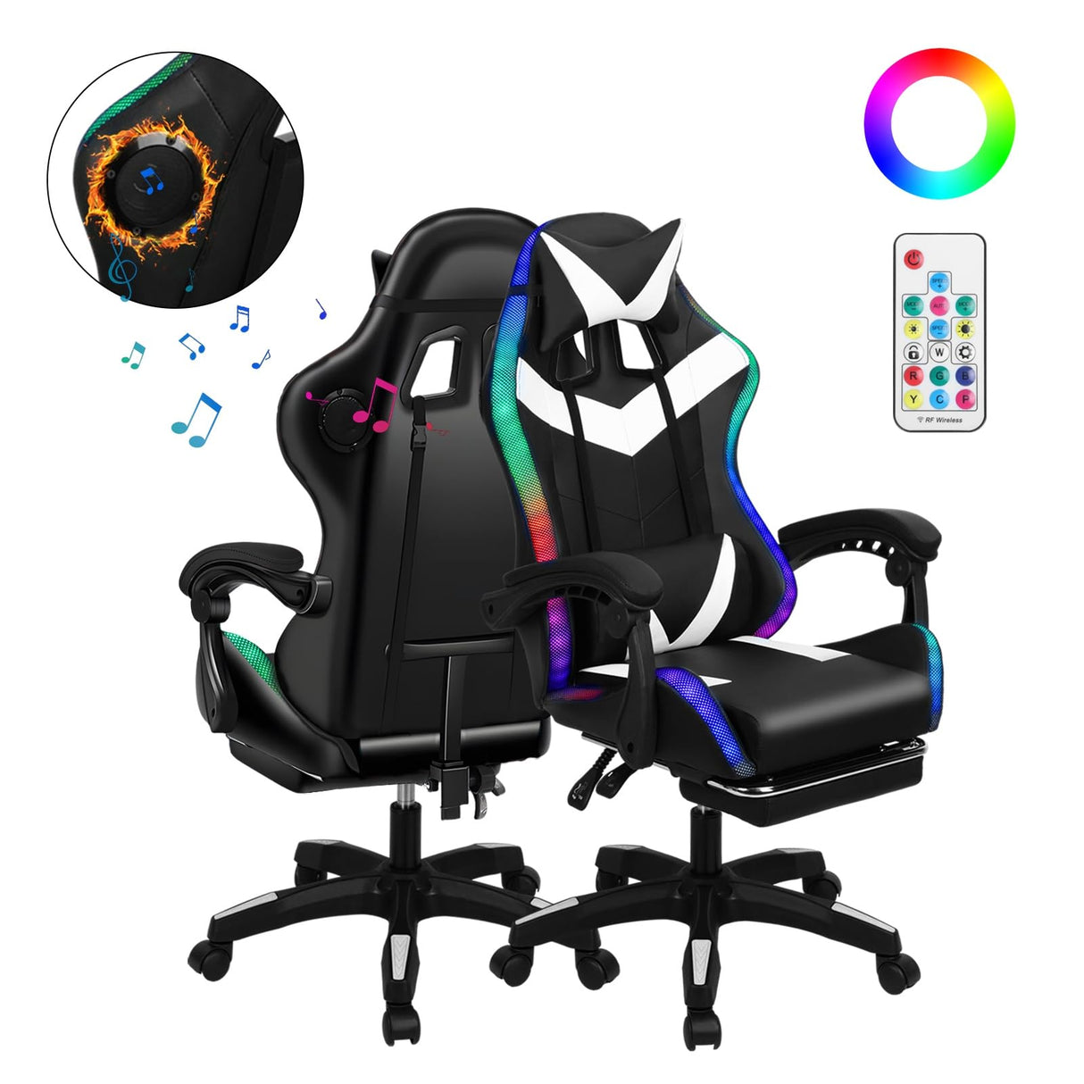 PERZOE Gaming Chair, Office Chair with Foot Rest, Pocket Spring Cushion, Bluetooth Speakers Ergonomic Chair Massage Chair Multiple RGB Led Light Gaming Chairs for Adults 350lbs White&Black PERZOE
