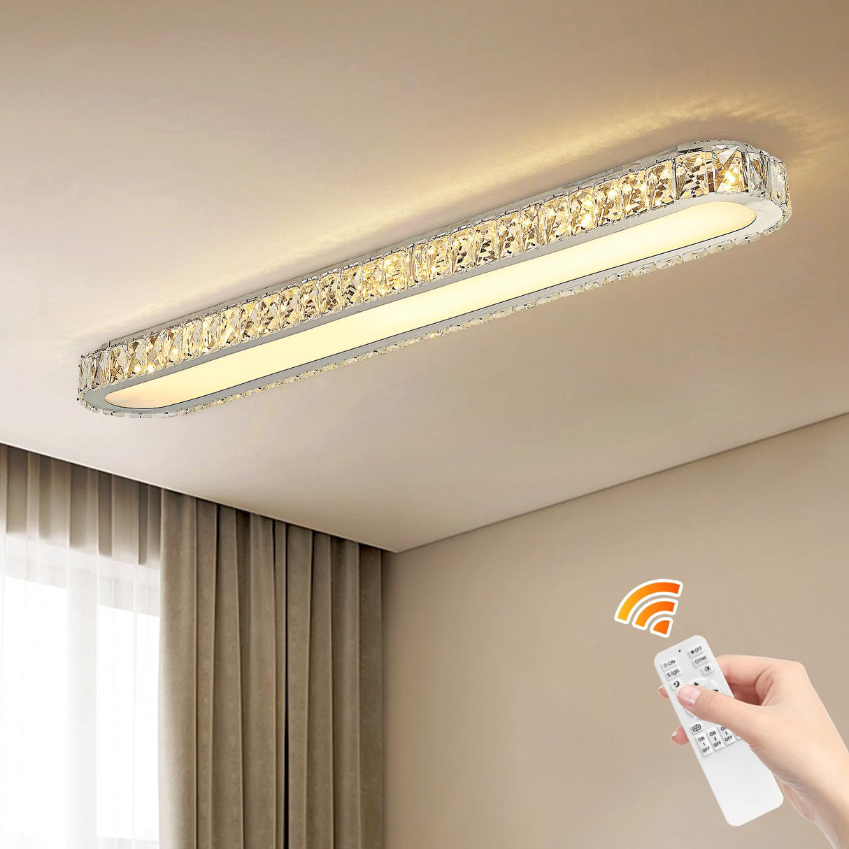 Qcyuui Dimmable LED Ceiling Light 39.4'' Kitchen Lighting Fixtures Ceiling Modern Luxury Crystal Ceiling Light with Remote Chrome Long Ceiling Light Fixture for Kitchen Dining Room Hallway,48W Qcyuui