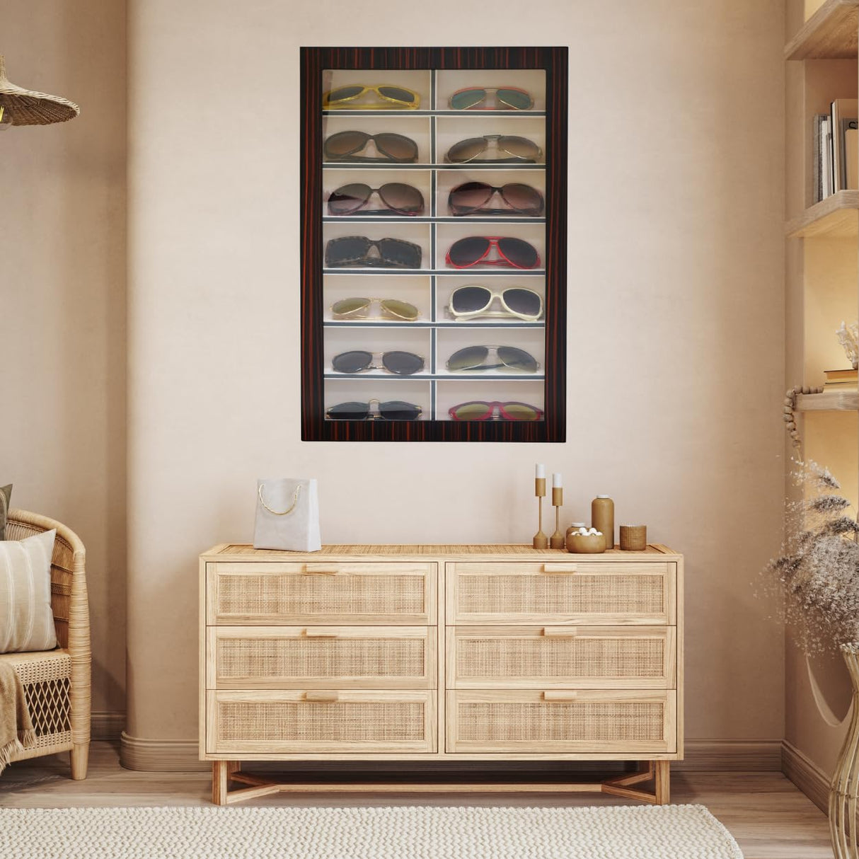 TIMELYBUYS 14 Piece Large Ebony Wood Eyeglass Sunglass Display Wall Hanging Case and Storage Organizer Box and Stand TIMELYBUYS