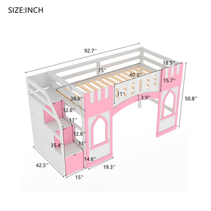 Harper & Bright Designs Twin Size Loft Bed with Storage Staircase and Window, Wood Playhouse Bed Frame with Storage for Boys, Girls, Gray,Pink