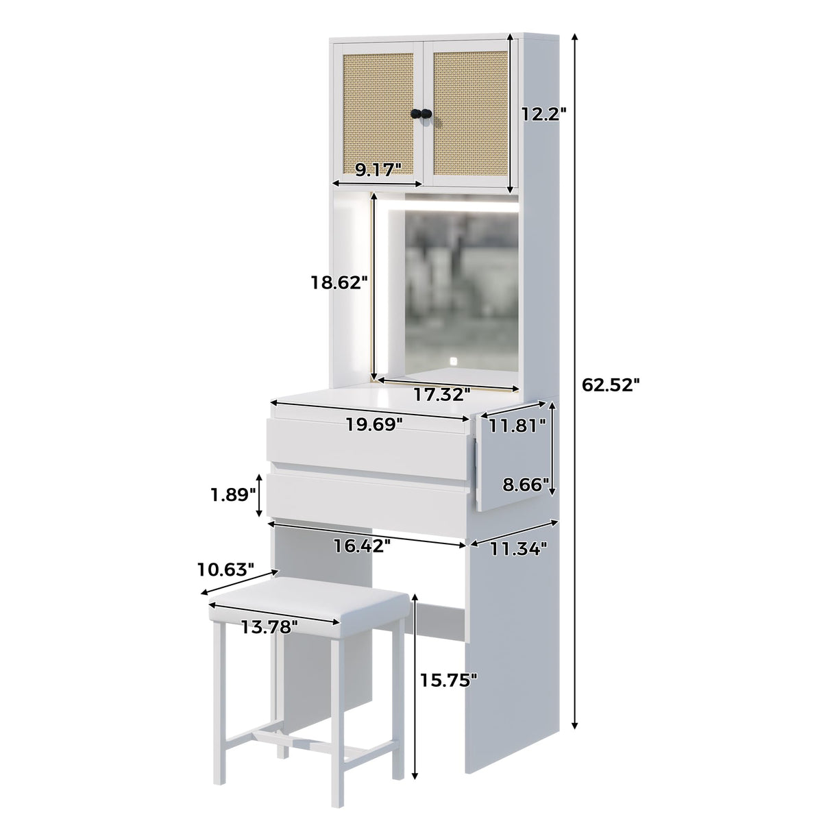 Rubikliss White Vanity with Lighted Mirror, Makeup Vanity Desk with Chair, Rattan Cabinet, 2 Drawers, 3 Lighting Modes Brightness Adjustable Small Space Saving Vanity Desk Makeup Table for Women Girls Rubikliss