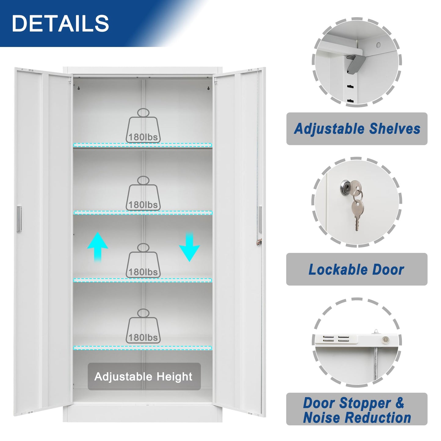 iDEKAI Metal Storage Cabinet with Lock, 71" Garage Storage Cabinets with 2 Lockable Doors and 4 Adjustable Shelves,Tall File Cabinet, Tool Cabinet for Office,Home,Garage,Gym,School (White) - WoodArtSupply