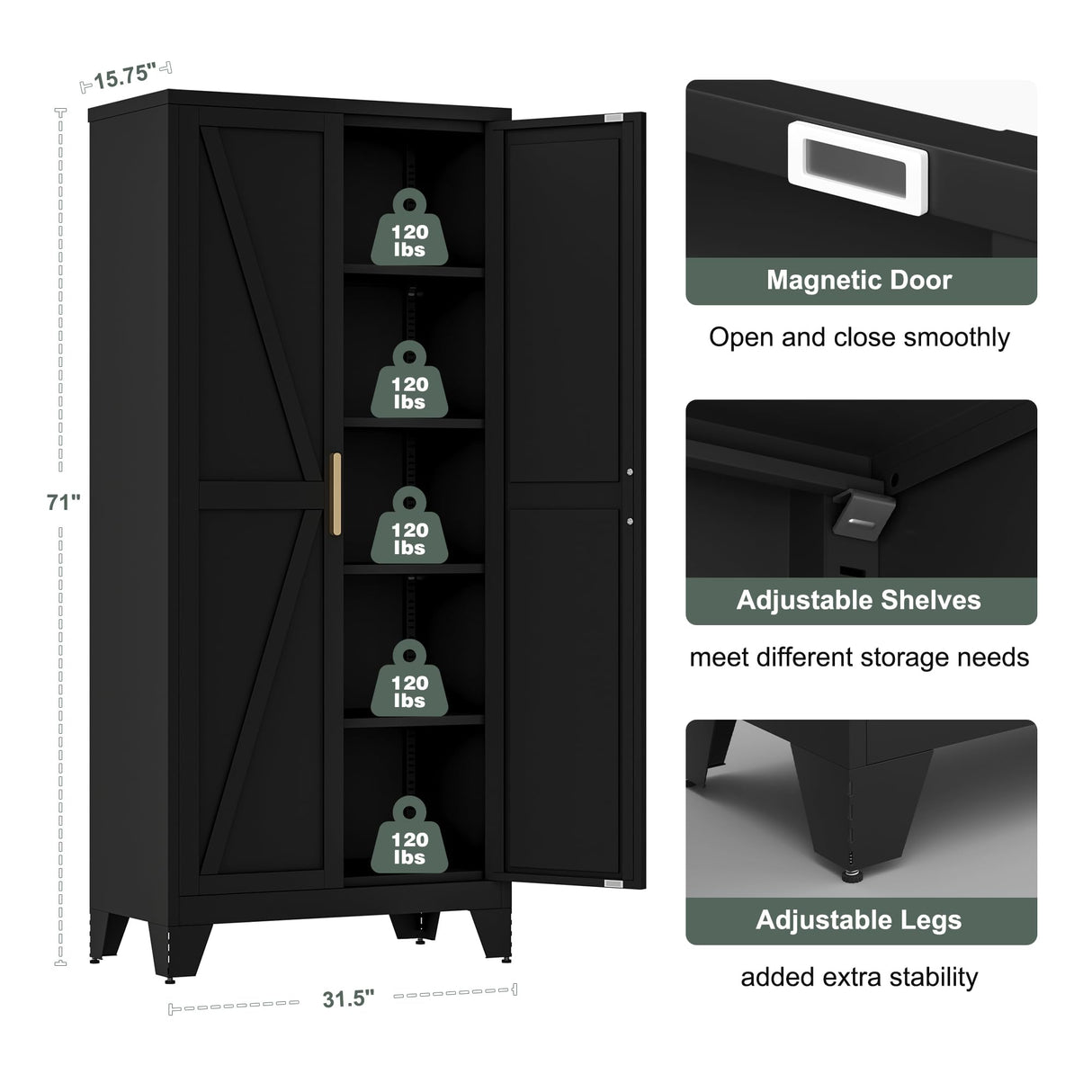 Washsemba 71'' Farmhouse Metal Storage Cabinet with Barn Doors,Steel File Cabinet for Home Office,Kitchen Pantry 4 Adjustable Shelves,Freestanding Cupboard for Kitchen,Home Office (Black) Washsemba