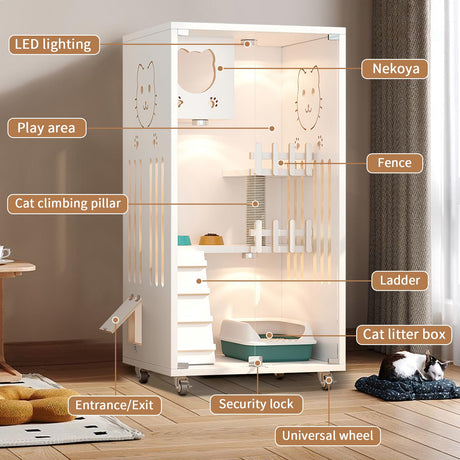 Wooden Cat House Large Space, Enclosed Cat Condo, Indoor/Outdoor Cat Enclosure with Wheels, Multi-Feature Luxury Cat Villa for Cats Ventilation Glass Doors,50" X 24" X 24" (White, 50" X 24" X 24") TMGSK