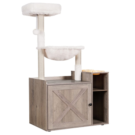 Hey-brother Cat Tree with XL Litter Box Enclosure, All-in-one Cat Tower for Indoor Cats with Large Hammock, Bed, Food Station, Scratching Posts, Modern Style Pet Furniture, Rustic Gray MPJ101SG Hey-brother