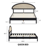 NTC Gem Wooden Bed Frame with Headboard and Natural Rattan, Solid Oak Foundation with Silent Slats, 1000 Lb Capacity, Effortless Assembly, Queen - Burnt Black NTC