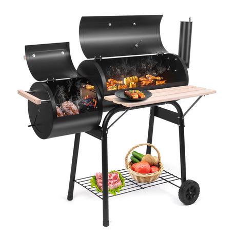 Outvita Charcoal Grill and Offset Smoker, Outdoor Patio Barbecue Cooker with Wheels, Portable Backyard BBQ Oven with Side Fire Box for Camping, Picnic, Party Outvita