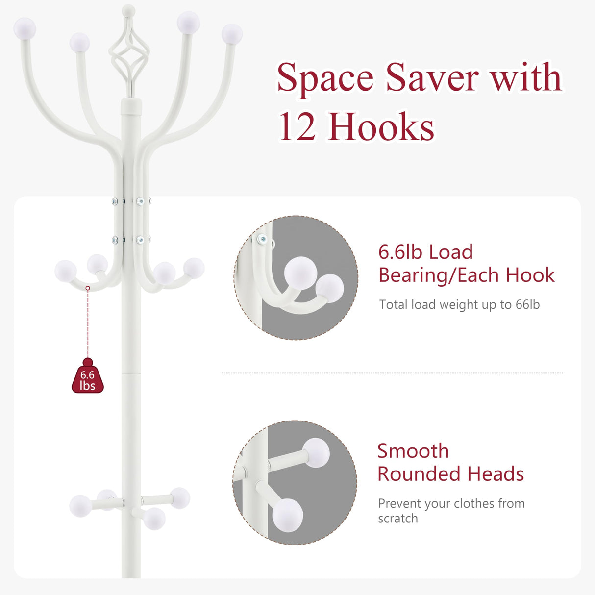 Tajsoon Standing Coat Rack with Umbrella Holder, Freestanding Coat Hanger Stand with Umbrella Stand, Entryway Coat Rack with 12 Hooks to Hold Clothes, Coat Tree for Living Room Bedroom Office, White Tajsoon