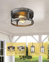 Osimir 2-Light Farmhouse Flush Mount Ceiling Light, 12 inch Kitchen Ceiling Light, Round Rustic Light Fixtures with Black & Wood Grain Finish for Entryway Hallway, OS-3016BK Osimir