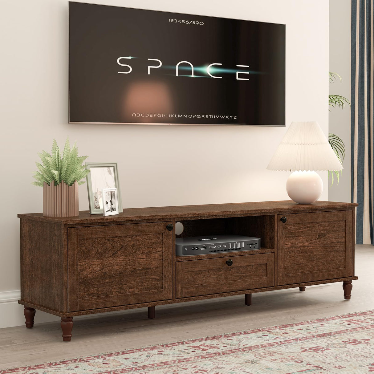 ANJ TV Stand for 75 inch TV, Mid-Century Modern TV Console with Storage Cabinet, Wooden Television Furniture for Living Room, Entertainment Center with Ample Large Storage Space ANJ