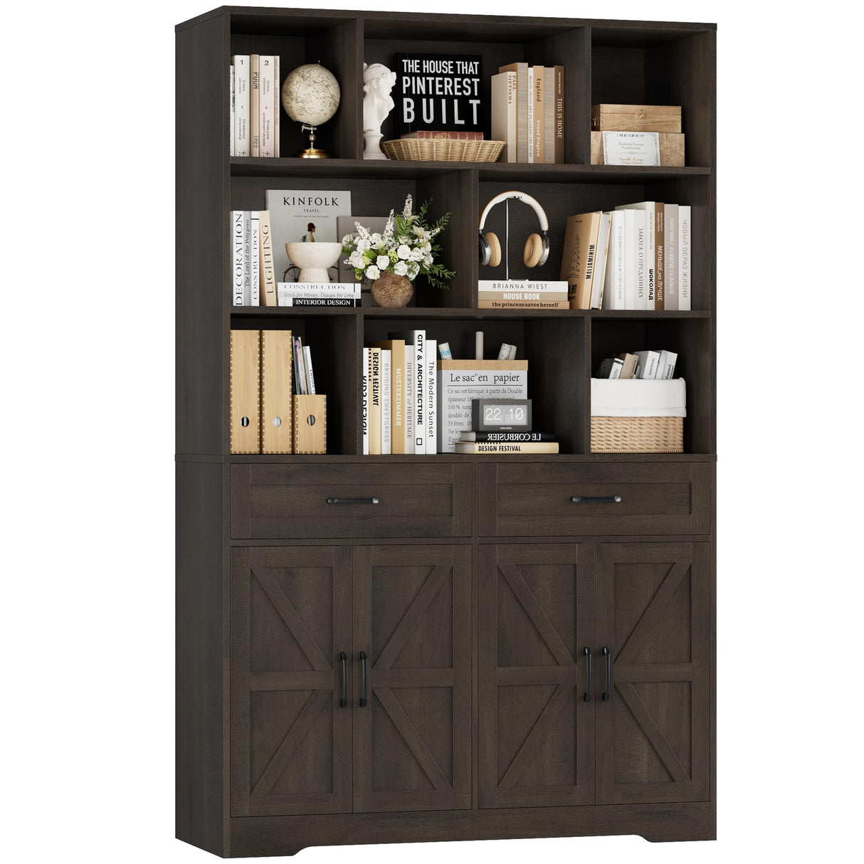 HOSTACK 71" Tall Bookcase with Drawer and Door, 47" Wide Book Shelf and Bookcase with Storage, 6 Tier Large Book Storage Cabinet with 14" Deep Display Shelves for Living Room, Home Office, Dark Brown HOSTACK
