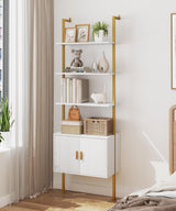 Yusong 73" Tall Bookshelf with Cabinet, Industrial Ladder Wall Mount Shelf Bookcase with Wood and Metal Frame, Plant Shelf Wall Storage Display for Living Room Bedroom, White Gold Yusong