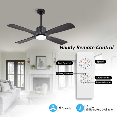WINGBO 54 Inch DC Ceiling Fan with Lights and Remote Control, 4 Carved Solid Wood Blades, 6-Speed Noiseless Reversible DC Motor, Modern Ceiling Fan in Matte Black Finish with Black Blades WINGBO