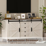 Farmhouse Dresser for Bedroom, Chests of Drawers for Clothes, 4 Drawers Dresser with Sliding Barn Door, White Dresser Wood, 60” Wide Dresser with Storage Organizer for Kids, Tall TV Stand GlouMod