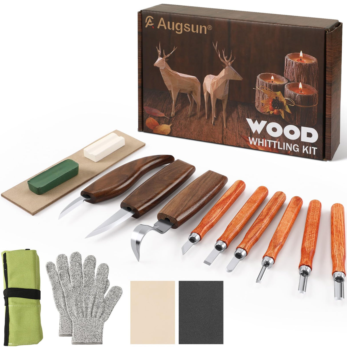 AUGSUN Wood Carving Kit, 17 Pack Wood Whittling Kit Hand Carving Knife Tools Set for DIY Sculpture Carpenter Experts & Beginners AUGSUN