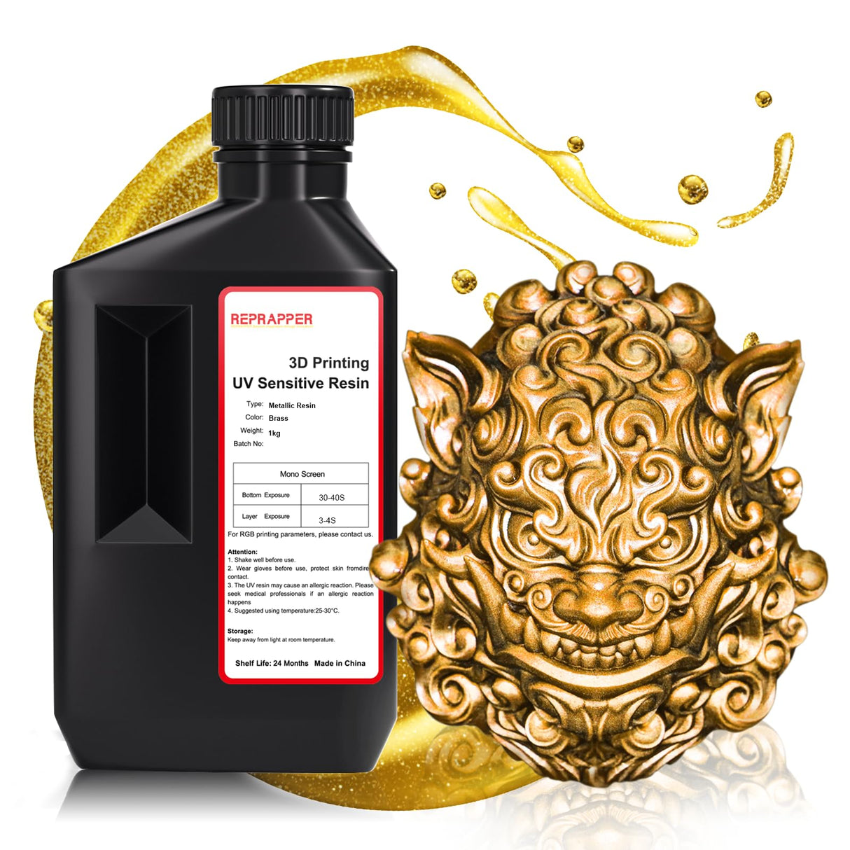 RepRapper Brass MetalShift 3D Printer Resin 405nm Fast UV-Curing Standard Photopolymer 3D Printing Resin with Metallic Shine for LCD Printer, Gilded Glow 1000g RepRapper