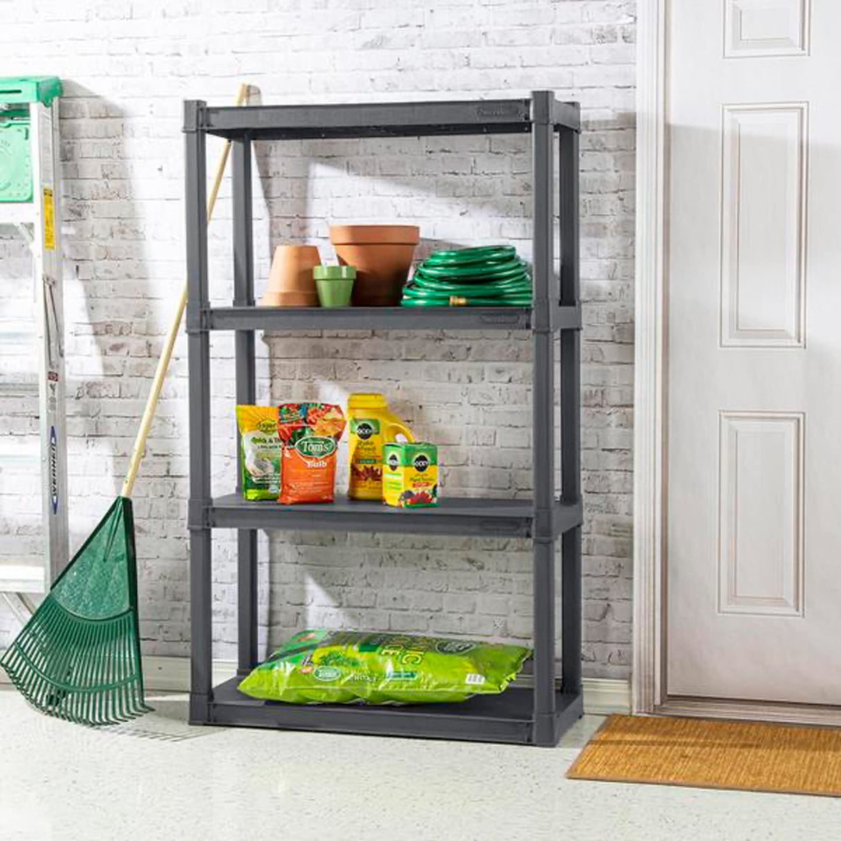 Sterilite 4 Shelf Unit, Heavy Duty and Easy to Assemble Plastic Storage Unit, Organize Bins in the Garage, Basement, Attic, Mudroom, Gray, 1-Pack Sterilite
