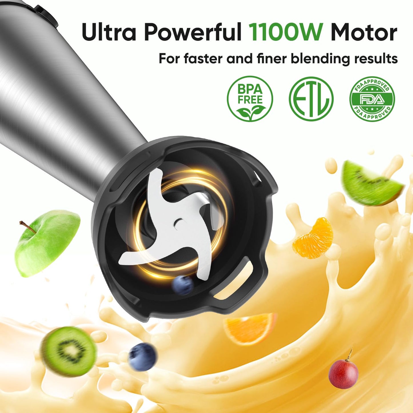 Immersion Blender Handheld 1100W 3 in 1 Corded Stick Hand Blenders for Kitchen with Trigger Speed Control, with Whisk, Milk Frother Attachemnts, Perfect Emulsifier for Soup, Smoothie, Puree